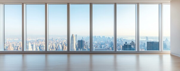 Modern office space with panoramic city view through large windows and bright natural light.