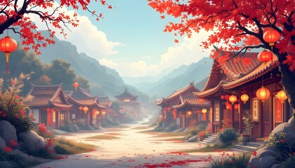 Obraz premium Serene Asian Village Autumn Landscape Red Lanterns Mountain Scenery