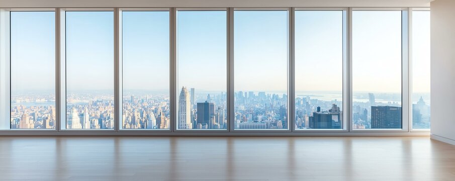 Fototapeta Modern office space with panoramic city view through large windows and bright natural light.