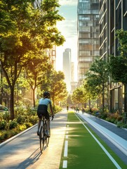 Naklejka premium Urban Cycling Path, A Serene Journey through Green Cityscapes, as the setting sun illuminates a modern cyclist on a dedicated bike lane amidst tall buildings and lush trees,