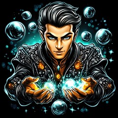 A mystical figure with glowing orbs and bubbles, showcasing magical energy and power.