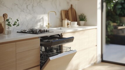 A modern kitchen featuring an open dishwasher and elegant cabinetry.