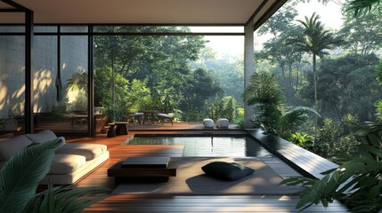 Bright and airy contemporary villa interior with sleek furnishings, a view of the jungle, and a seamless indoor-outdoor connection to the pool.