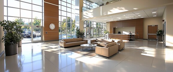 Modern building lobby with bright sunlight streaming through large windows, comfortable seating, and a reception desk.