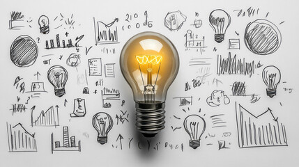 Whiteboard full of business doodles like growth arrows, lightbulbs, and currency symbols,