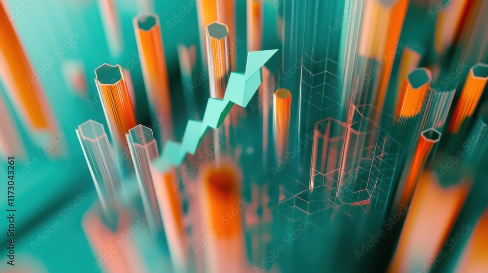 Aufkleber abstract 3d hexagon bars graph chart showing upward trend financial growth success data visualizatio