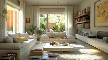 Bright and airy living room with contemporary furniture, a stylish bookshelf, and natural decor elements for a modern touch.