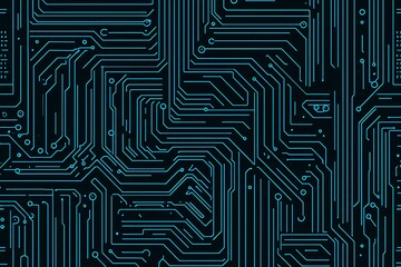 Abstract close-up of a glowing blue digital circuit board, showcasing intricate connections and technological design on a black background.
