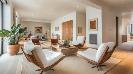 Fototapeta premium Bright and airy living room with modern chairs, a discreet wall heater, and natural elements like plants and wood accents.