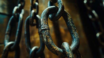 Fototapeta premium Close up of rusted metallic chains in a gloomy ambiance. This image evokes strength and resilience. Perfect for industrial themes and background texture. Generative AI