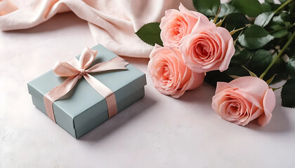Cozy holiday morning composition with roses, gift box Mother's Day concept. valentine's day