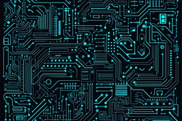 Abstract close-up of a glowing blue digital circuit board, showcasing intricate connections and technological design on a black background.
