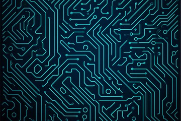 Abstract close-up of a glowing blue digital circuit board, showcasing intricate connections and technological design on a black background.
