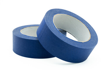 Blue painter’s tape on a white background.