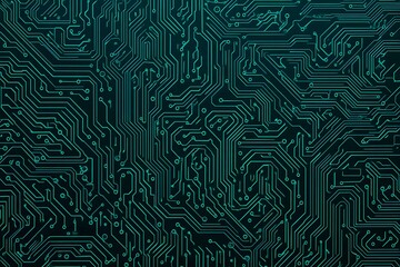 Abstract close-up of a glowing blue digital circuit board, showcasing intricate connections and technological design on a black background.
