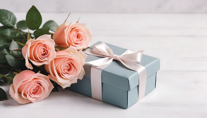 Cozy holiday morning composition with roses, gift box Mother's Day concept. valentine's day