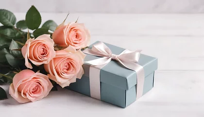 Cozy holiday morning composition with roses, gift box Mother's Day concept. valentine's day