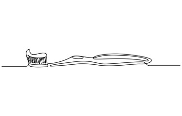 Continuous one line drawing of toothbrush and toothpaste, one line art toothbrush and toothpaste vector illustration. line art, one continuous line, Continuous line drawing toothbrush with toothpaste