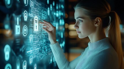 Businesswoman Analyzing Digital Security Data on a Futuristic Screen in a Modern Office Environment.