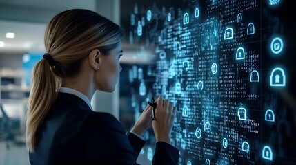 Businesswoman Analyzing Digital Security Data on a Futuristic Screen in a Modern Office Environment.