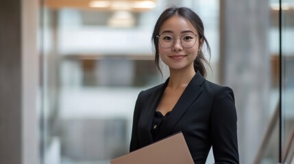 Fototapeta premium A professional woman in formal attire, holding a file folder with confidence, standing in a minimalist corporate setting