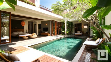 Bright and modern villa interior with elegant decor, a poolside view, and lush greenery creating a serene atmosphere