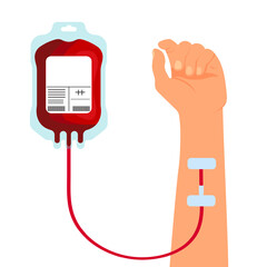 Hand and Blood Bag - vector illustration of blood donation.