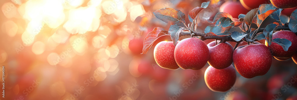 Poster orchard scene at golden hour with ripe apples hanging from branches, backlit by the setting sun,