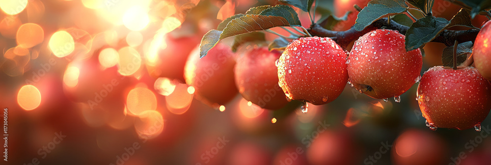 Poster orchard scene at golden hour with ripe apples hanging from branches, backlit by the setting sun,