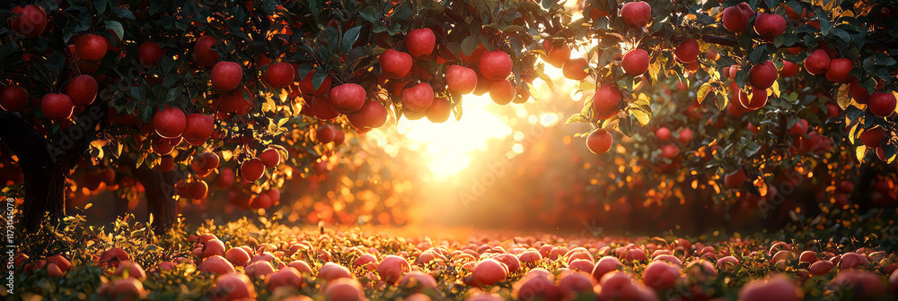 Poster orchard scene at golden hour with ripe apples hanging from branches, backlit by the setting sun,