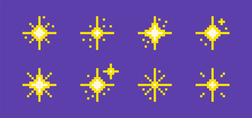 Set of different pixel art sparkling stars. Sparkles, flashes symbols for games, websites or apps. Vector illustration