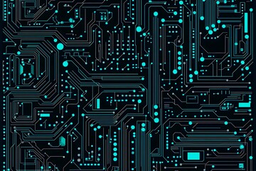 Abstract close-up of a glowing blue digital circuit board, showcasing intricate connections and technological design on a black background.
