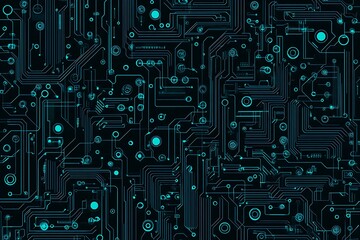 Abstract close-up of a glowing blue digital circuit board, showcasing intricate connections and technological design on a black background.
