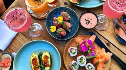 Delicious Sushi Platter with Refreshing Cocktails