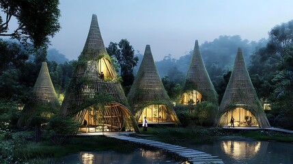 Obraz premium A futuristic eco-friendly city with skyscrapers made entirely of bamboo, showcasing sustainable architecture. --