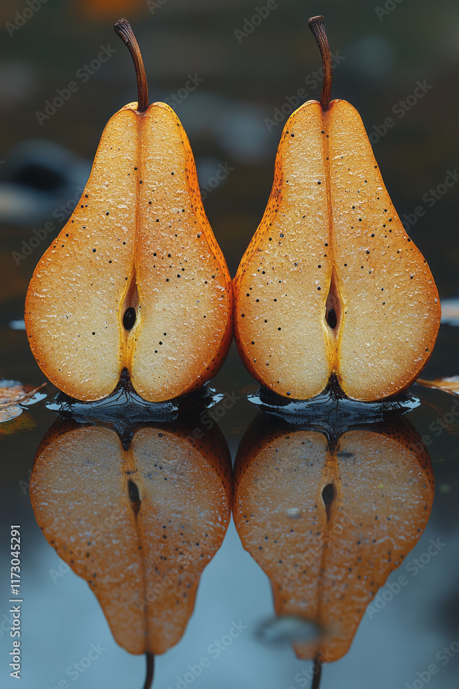 Poster Experimental photo of a pear cut in half, mirrored to form a symmetrical abstract shape,