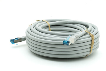 Ethernet cable with an RJ45 connector on a white background. 