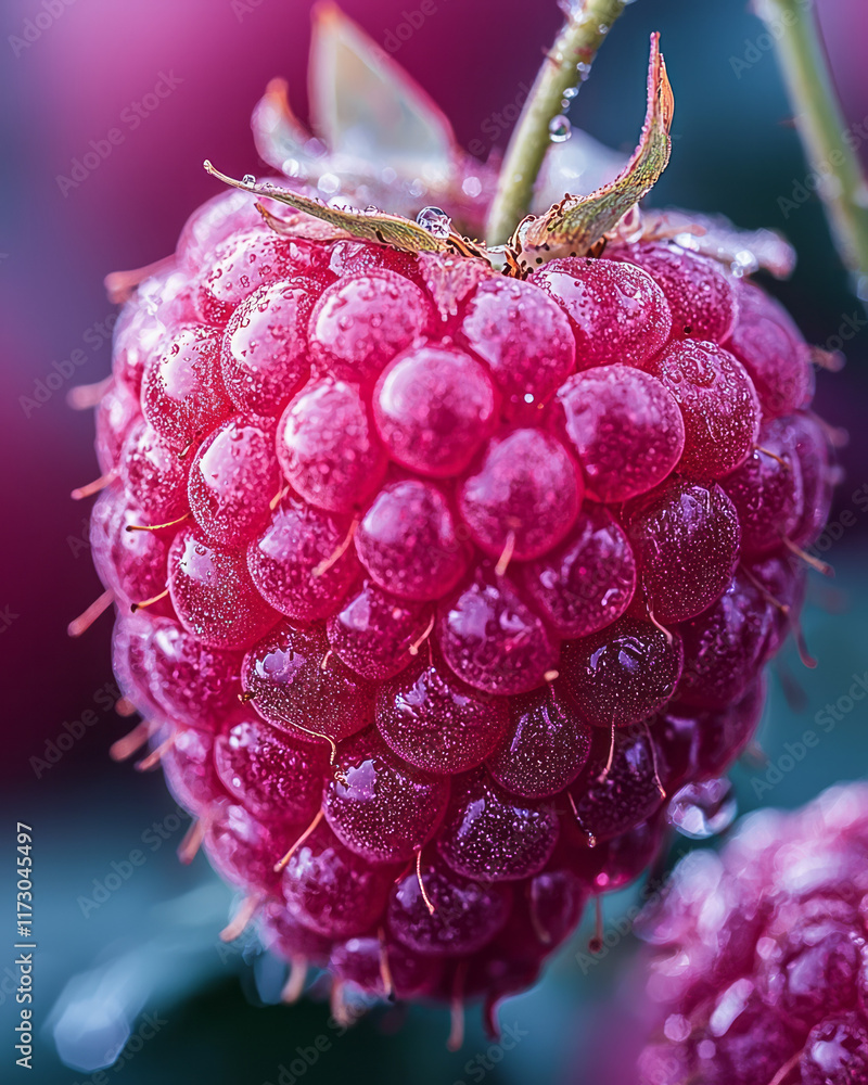 Poster Close-up of a single raspberry with tiny details of the druplets in sharp focus,