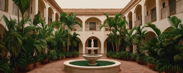 Obraz premium Serene Courtyard Fountain with Lush Tropical Plants and Spanish Architecture
