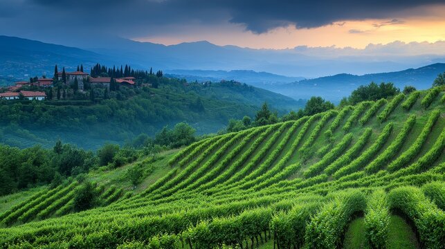 Lush vineyards on rolling hills under a dramatic sky at sunset.