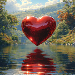 Fototapeta premium Red heart floating above river in autumn valley with forest background