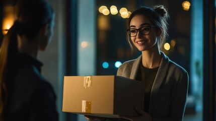 A professional woman passing a cardboard box to her colleague in a modern corporate environment, illuminated by soft, warm lighting