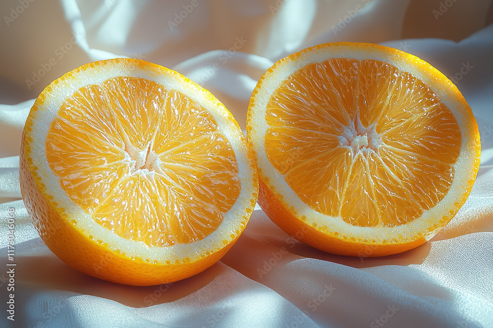 Poster Pair of halved oranges displayed in a minimalist setting with a subtle shadow cast behind them,