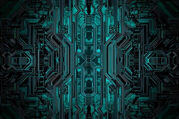 Abstract close-up of a glowing blue digital circuit board, showcasing intricate connections and technological design on a black background.
