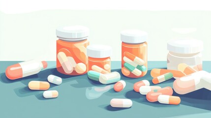 illustration of different pills and bottles for pharmaceutical and healthcare medication and drug research labs concepts with copy space