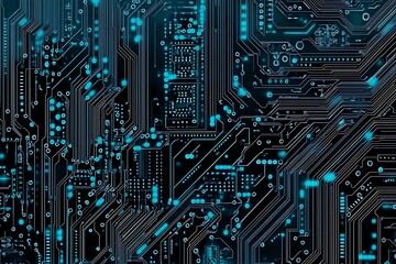 Abstract close-up of a glowing blue digital circuit board, showcasing intricate connections and technological design on a black background.

