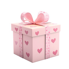 3D gift box isolated on transparent background. Pink festive box with hearts shapes. Suitable for congratulations on Christmas, New Year, Valentine's Day and others.