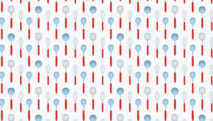 Seamless pattern with red and blue kitchen utensils on white background