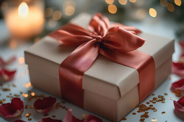 Gift box with coral ribbon, rose petals, gold confetti, candlelight, and bokeh background, perfect for celebrations
