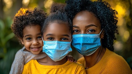 Happy African American family wearing masks outdoors.